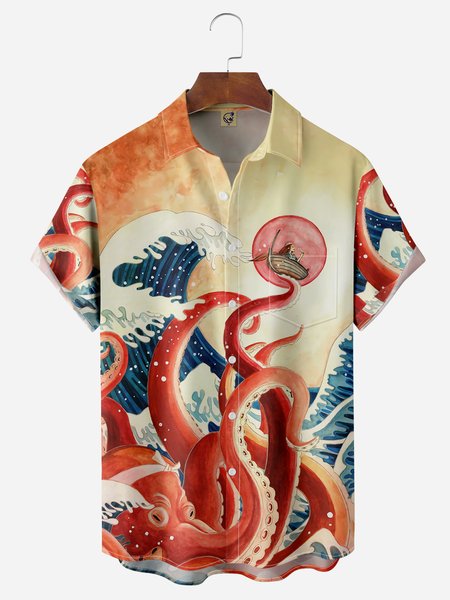 

Japanese Ukiyo-e Octopus Chest Pocket Short Sleeve Hawaiian Shirt, Red, Men Shirts