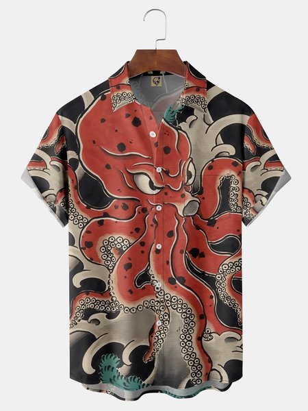 

Japanese Ukiyo-e Octopus Chest Pocket Short Sleeve Hawaiian Shirt, Red, Men Shirts