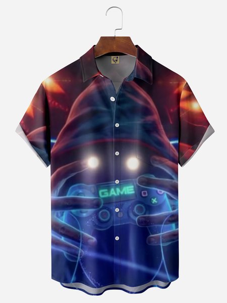 

Gamepad Chest Pocket Short Sleeve Casual Shirt, Blue, Men Shirts