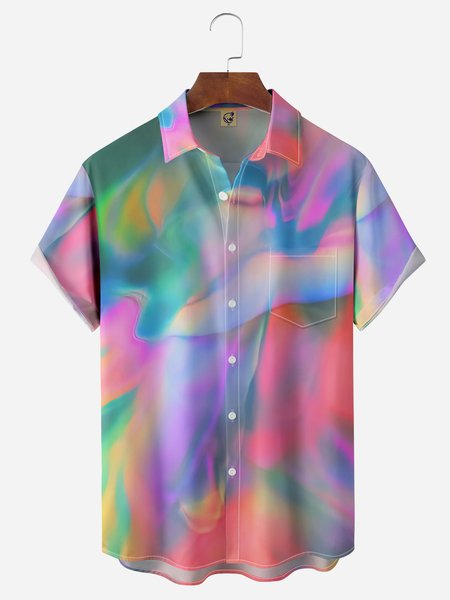 

Gradient Color Chest Pocket Short Sleeve Casual Shirt, Pink, Men Shirts