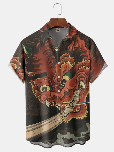 

Japanese Ukiyo-e Dragon Animal Chest Pocket Short Sleeve Hawaiian Shirt, Red, Men Shirts