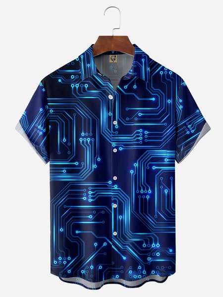 

Art Lines Chest Pocket Short Sleeve Casual Shirt, Blue, Men Shirts