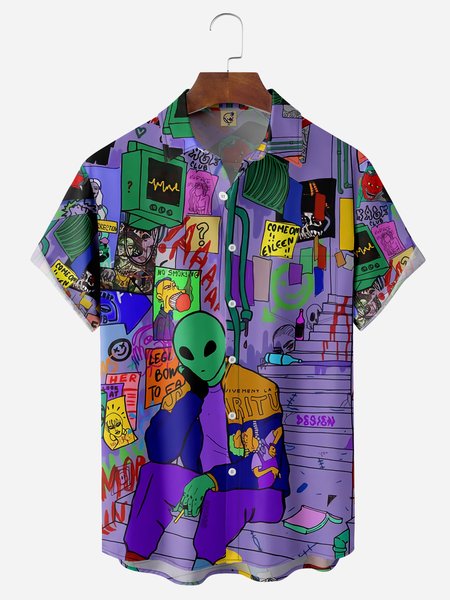 

Art Alien Chest Pocket Short Sleeve Casual Shirt, Purple, Men Shirts