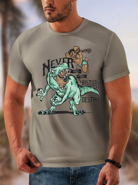 

Dinosaur Crew Neck Casual T-shirt, Khaki, Men's t-shirts