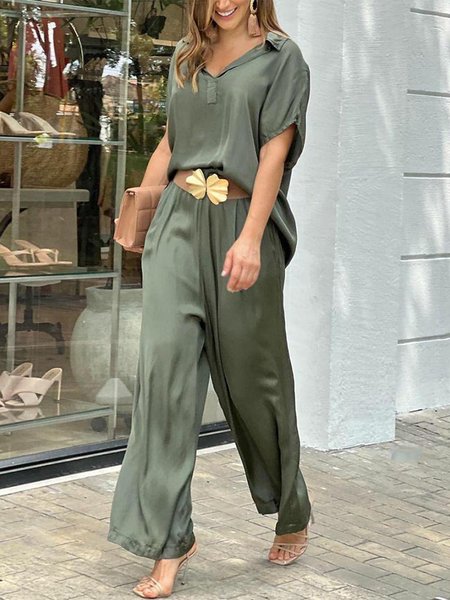 

Plain Shawl Collar Loose Casual Two-Piece Set, Army green, Tops