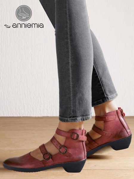 

Multi-strap Buckle Comfortable Chunky Heel Shoes, Red, Heels