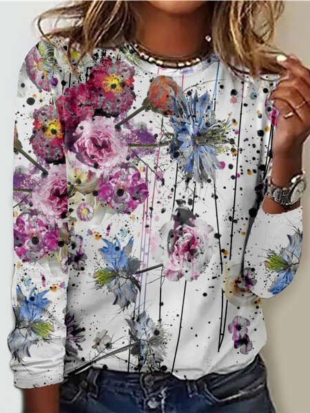 

Women's Flower Art Print Casual Shirt, White, Long sleeves