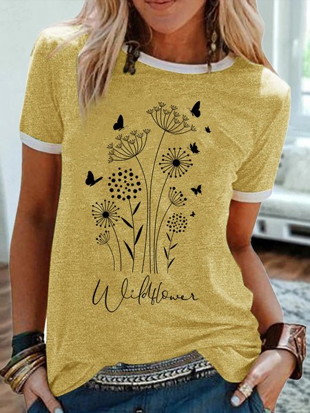 

Women's Wildflower Funny Butterfly Graphic Printing Dandelion Cotton-Blend Casual Regular Fit T-Shirt, Yellow, T-shirts
