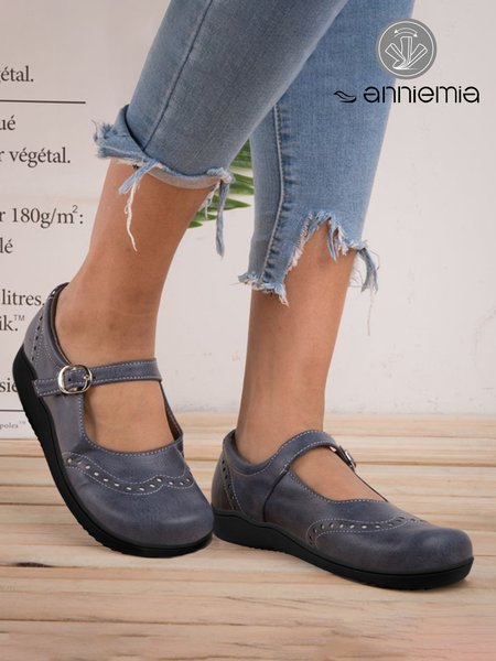 

Vintage Navy Blue Adjustable Buckle Mary Jane Flat Shoes, Navyblue, Flats