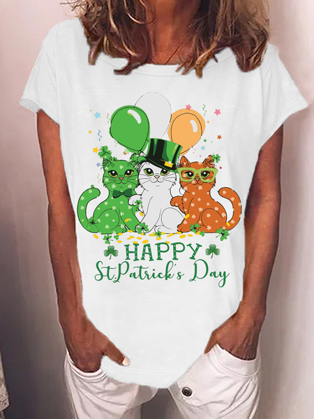 Women's Cat Short Sleeve Tee T-shirt Crew Neck Casual Summer Top, White, T-Shirts