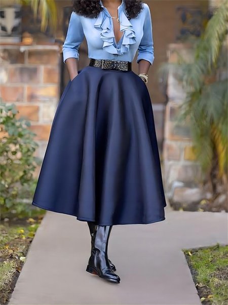 

Regular Fit Plain Casual No Elasticity Skirt, Deep blue, Skirts