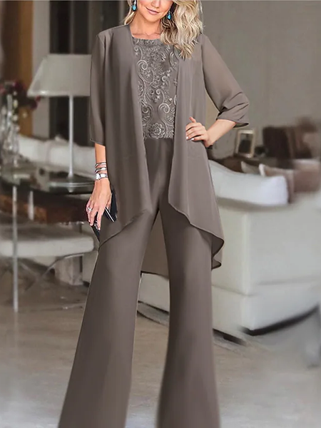 

Women's Jumpsuit Lace Solid Color Round Neck Elegant Wedding Party Straight Regular Fit 3/4 Length Sleeve, Khaki, Tops