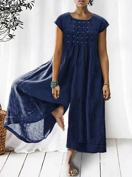 

Plain Loose Crew Neck Casual Jumpsuit, Blue, Clothing