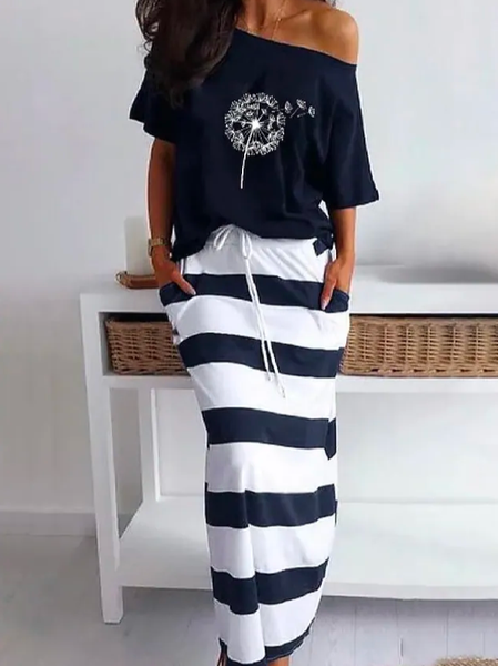 

Crew Neck Casual Dandelion Dress, Blue, Maxi Dresses