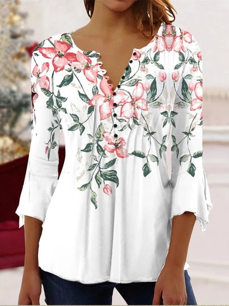 

Floral Regular Fit Casual V Neck Shirt, White, Shirts & Blouses