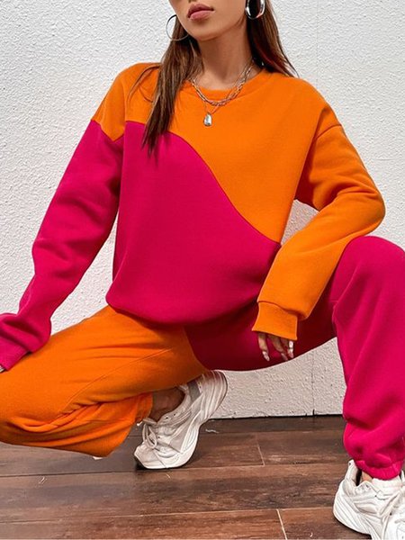 

Color Block Loose Casual Two-Piece Set, Orange, Two-piece Set