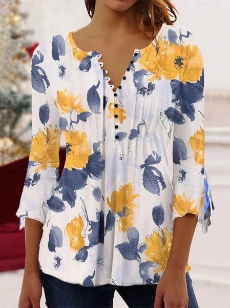 

Regular Fit V Neck Casual Floral Shirt, Multicolor, Shirts & Blouses