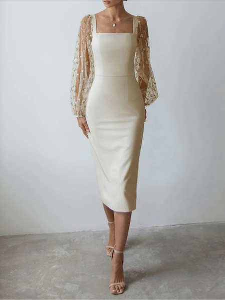 

Square Neck Floral Elegant Lace Party Dress, White, Midi Dresses