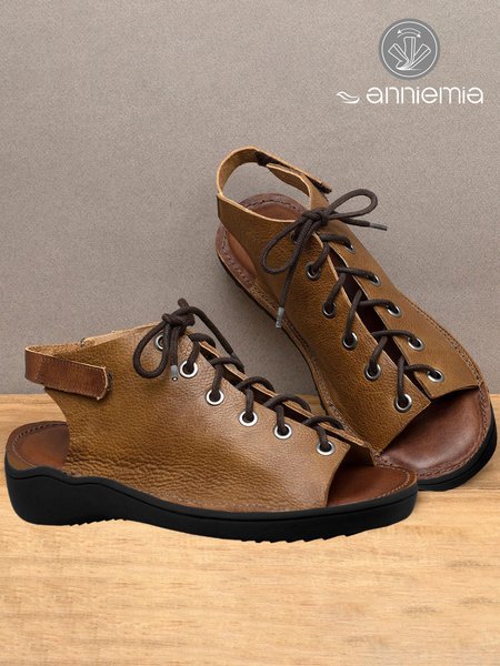 

Vintage Lace-up Peep-toe Sandals, Brown, Sandals