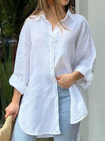

Shawl Collar Casual Buttoned Loose Blouse, White, Blouses & Shirts