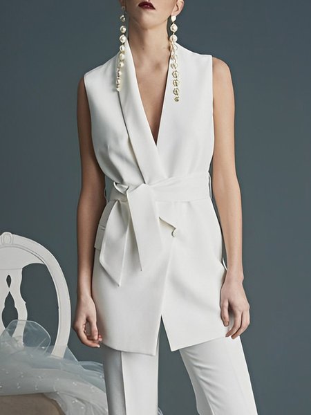 

V Neck Urban Plain Regular Fit Vest, White, Vests and Gilets
