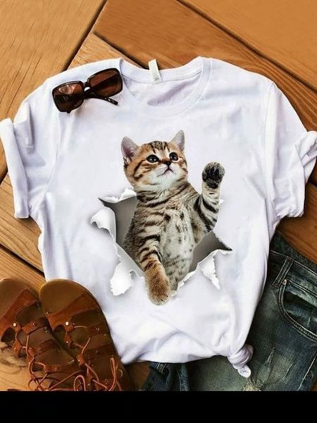 

Cat Casual Crew Neck T-Shirt, White, T-Shirts