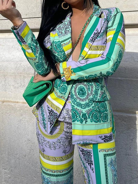 

Loose Lapel Collar Long sleeve Ethnic Geometry Urban Blazer, Green, Blazers