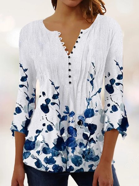 

Loose Casual Floral V Neck Shirt, White, Tunics