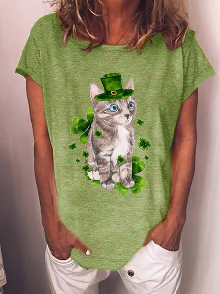 

Women's Funny St. Patrick's Day Cat Casual Cotton T-Shirt, Green, T-shirts