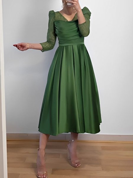 Plain V Neck Elegant Regular Fit Dress, Green, Midi Dresses