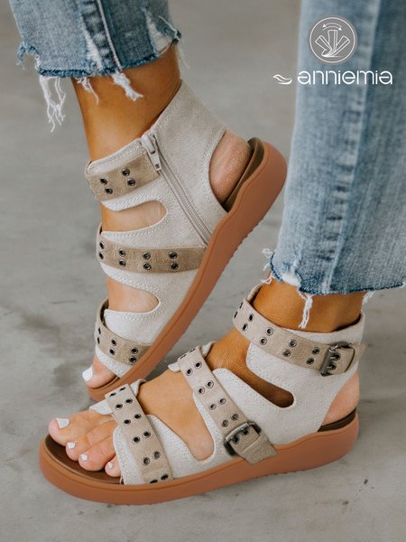 

Beige Vintage Canvas Rivet Strappy Sandals with Side Zip, Sandals