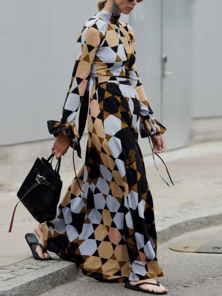 

Geometric Regular Fit Elegant Stand Collar Dress, As picture, Maxi Dresses