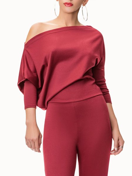 

Long sleeve Regular Fit Plain Boat Neck Simple T-Shirt, Red, Tees