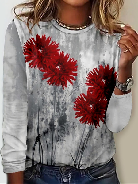 

Women's Flower Art Print Crew Neck Casual Shirt, Gray, Long sleeves