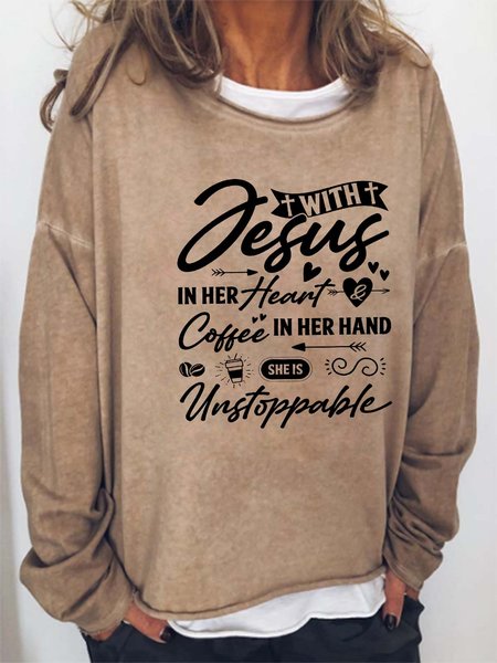 

Women’s With Jesus In Her Heart Coffee In Her Hand She Is Unstoppable Loose Casual Crew Neck Sweatshirt, Khaki, Hoodies&Sweatshirts