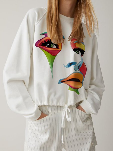 

Crew Neck Loose Face Abstract Casual Sweatshirt, White, Hoodies and Sweatshirts
