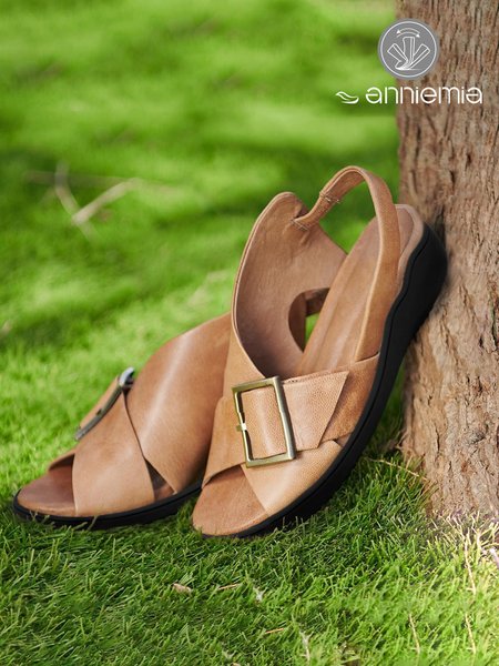 

Vintage Light Brown Buckle Decor Strappy Sandals, Sandals