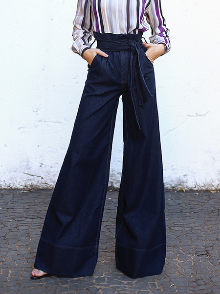 

High Waist Loose Urban Plain Wide leg Long Jeans, Denim blue, DENIM