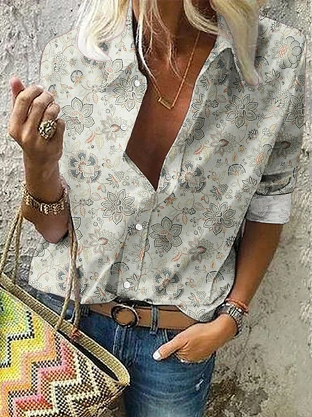 Casual Floral Shirt Collar Loose Blouse, Gray, Shirts & Blouses
