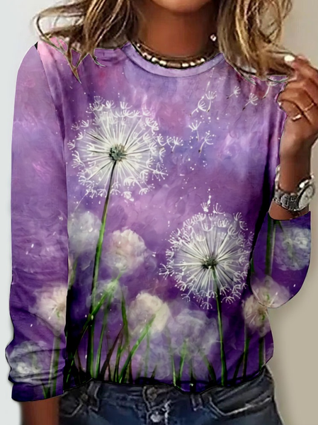 

Women's Dandelion Art Print Crew Neck Casual Shirt, Purple, Long sleeves