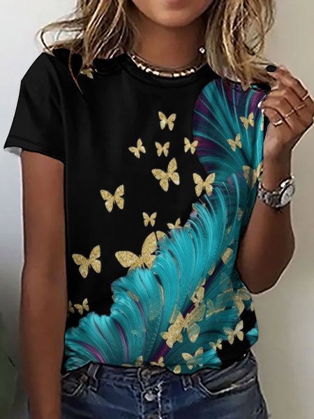 

Women’s Butterflies And Feather Pattern Crew Neck Casual T-Shirt, As picture, T-shirts