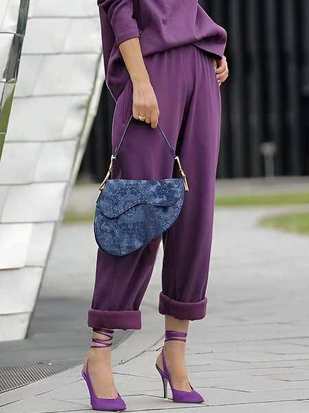 

Plain Casual Loose Sweatpants & Joggers, Purple, Pants
