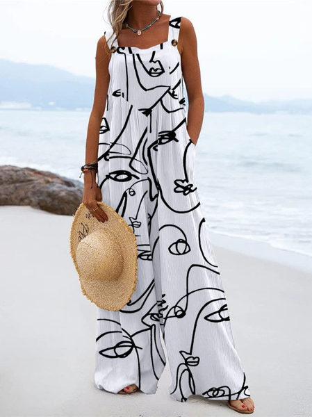 

Abstract Spaghetti Casual Loose Jumpsuit, White, Jumpsuits＆Rompers