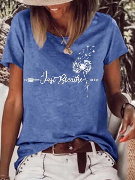 

Women’s Just Breathe Dandelion Cotton Text Letters Crew Neck Casual T-Shirt, Blue, T-shirts