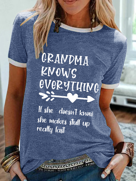 

Women's Blessed Grammy Grandma Knows Everything Simple Text Letters Crew Neck T-Shirt, Blue, T-shirts