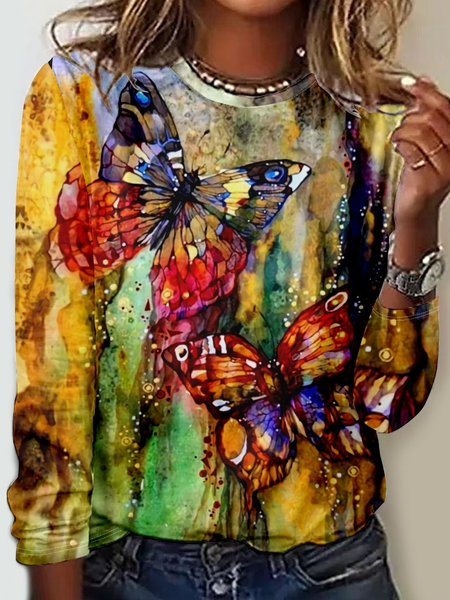 

Women's Crew Neck Casual Butterfly Art Print Shirt, As picture, Long sleeves