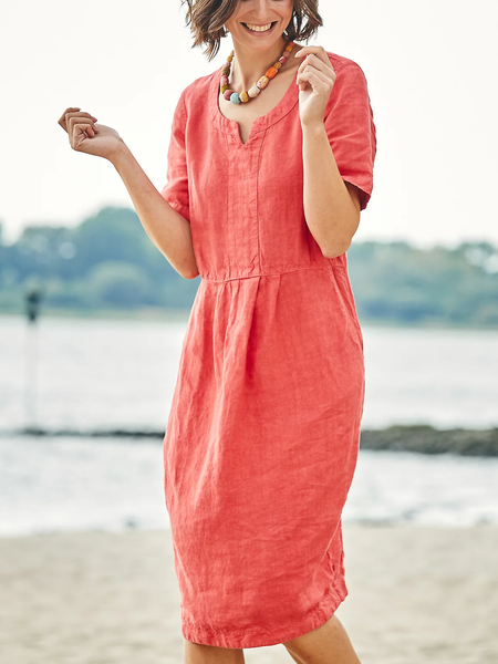 

Casual Cotton And Linen Plain Loose Dress, Orange red, Midi Dresses