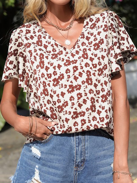 

Allover Floral Print Butterfly Sleeve Blouse, Brick red, Shirts & Blouses