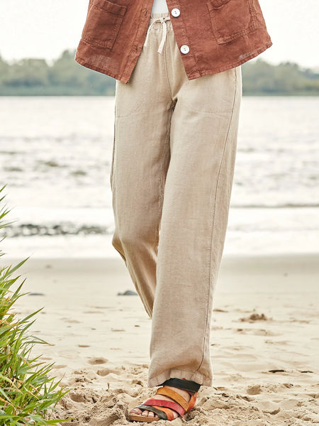 

Plain Casual Cotton And Linen Pants, Khaki, Pants