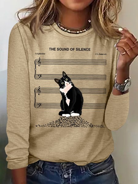 

Women's The Sound Of Silence Funny Cute Cat Musical Staff Graphic Printing Casual Regular Fit Cat Crew Neck Shirt, Khaki, Long sleeves
